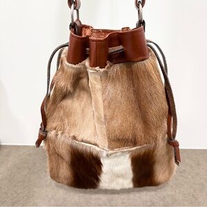 Vintage Cowhide Drawstring Leather Purse Shoulder Bag Brown Tan White Silk Lined